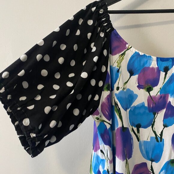 Handmade Plus Size Cotton Blue Floral Black White Polka Dot Dress - Picture 4 of 14